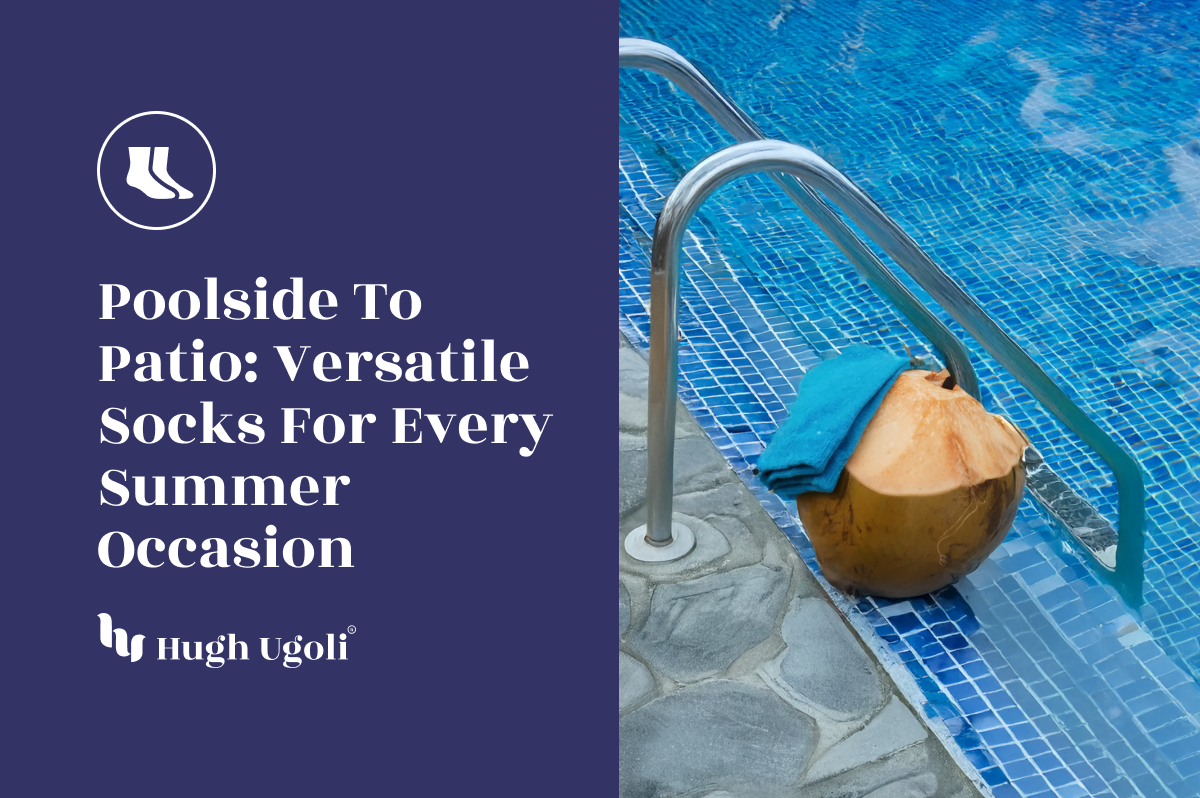 Blue socks and a coconut placed by a swimming pool with blue mosaic tiles and metal handrails.
